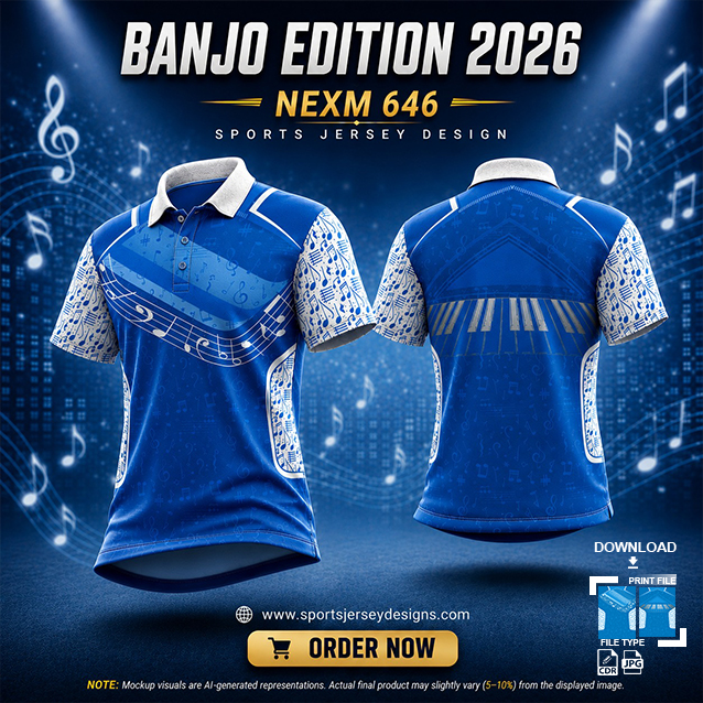 NEXM-646 BLUE AND WHITE MUSICAL BANJO GROUP SUBLIMATION JERSEY DESIGN IN ORANGE AND BLACK COLOR
